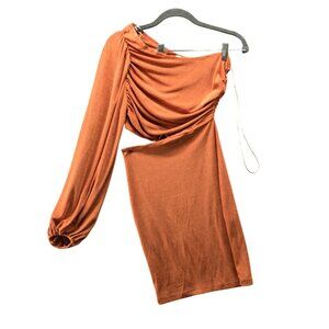 Hello Molly One Shoulder Dress Womens S (4) Orange Copper Long Sleeve Stretchy